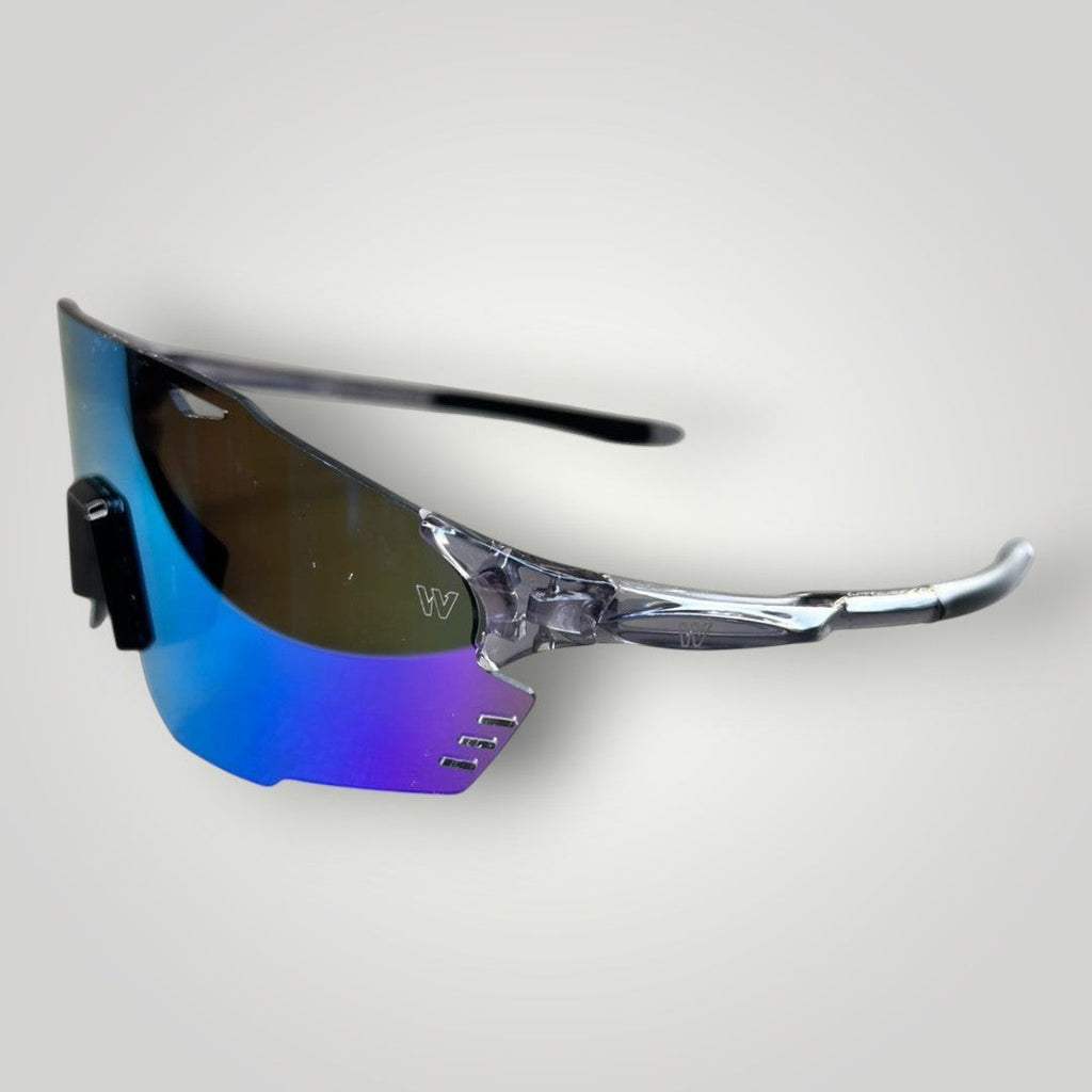 W One Brand Store sporty mask sunglasses with blue/purple mirrored lenses and translucent grey temples, UV400 protection.