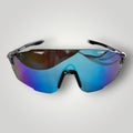 W One Brand Store sporty mask injected sunglasses with blue-purple mirrored lenses and translucent grey temples. UV400 protection.