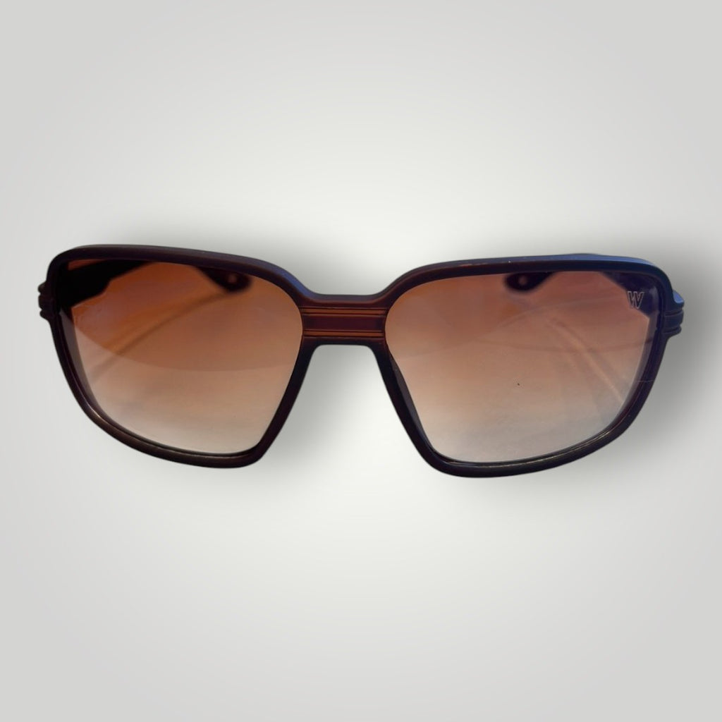 W One Brand Store sporty injected sunglasses with brown rubberized temples and gradient brown lenses, UV400 protection.