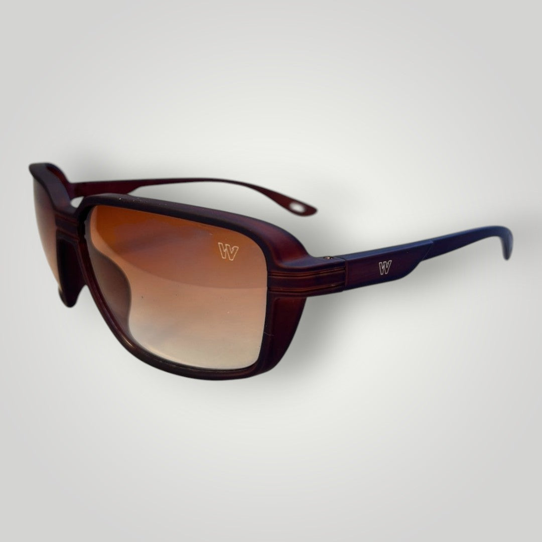 W One Brand Store sporty injected sunglasses with brown rubberized temples and gradient brown lenses. UV400 protection.