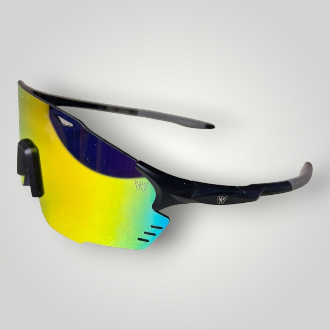 W One Brand Store sporty wraparound sunglasses with mirrored yellow, blue, and purple lenses and black and grey temples.