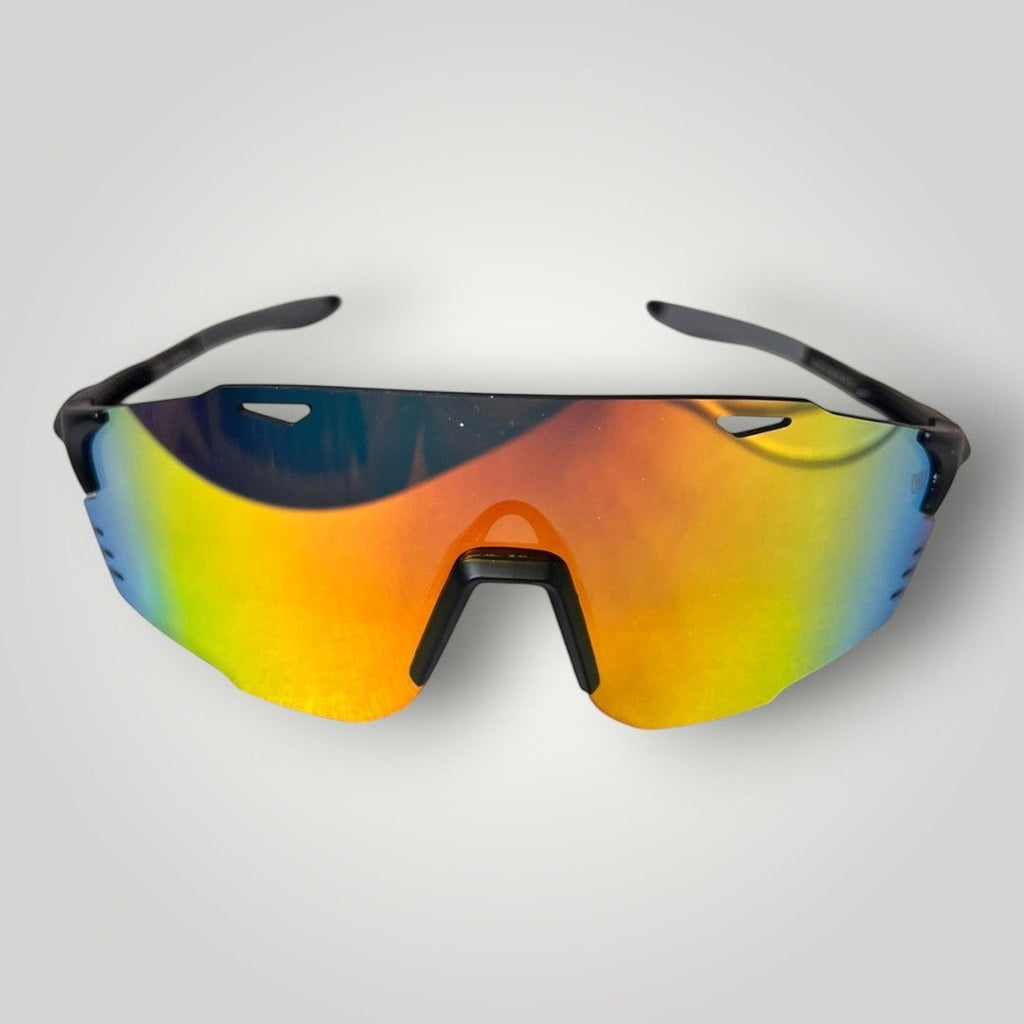 W One Brand Store sporty mask injected sunglasses with mirrored blue purple lenses and black grey temples.