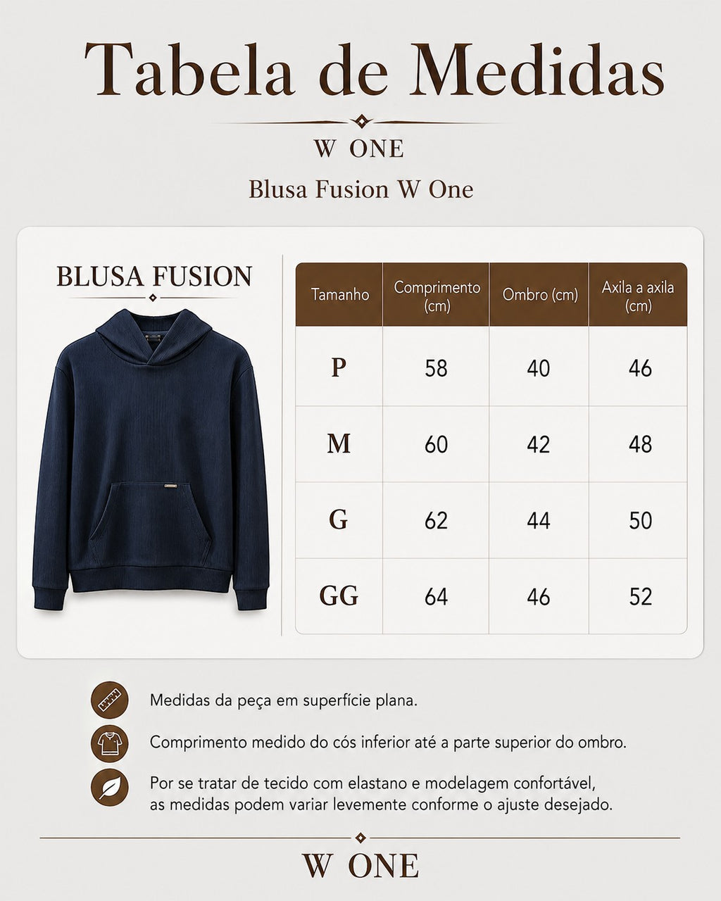 Tabela de medidas da blusa Fusion W One Brand Store com capuz na cor café, exibindo tamanhos P ao GG