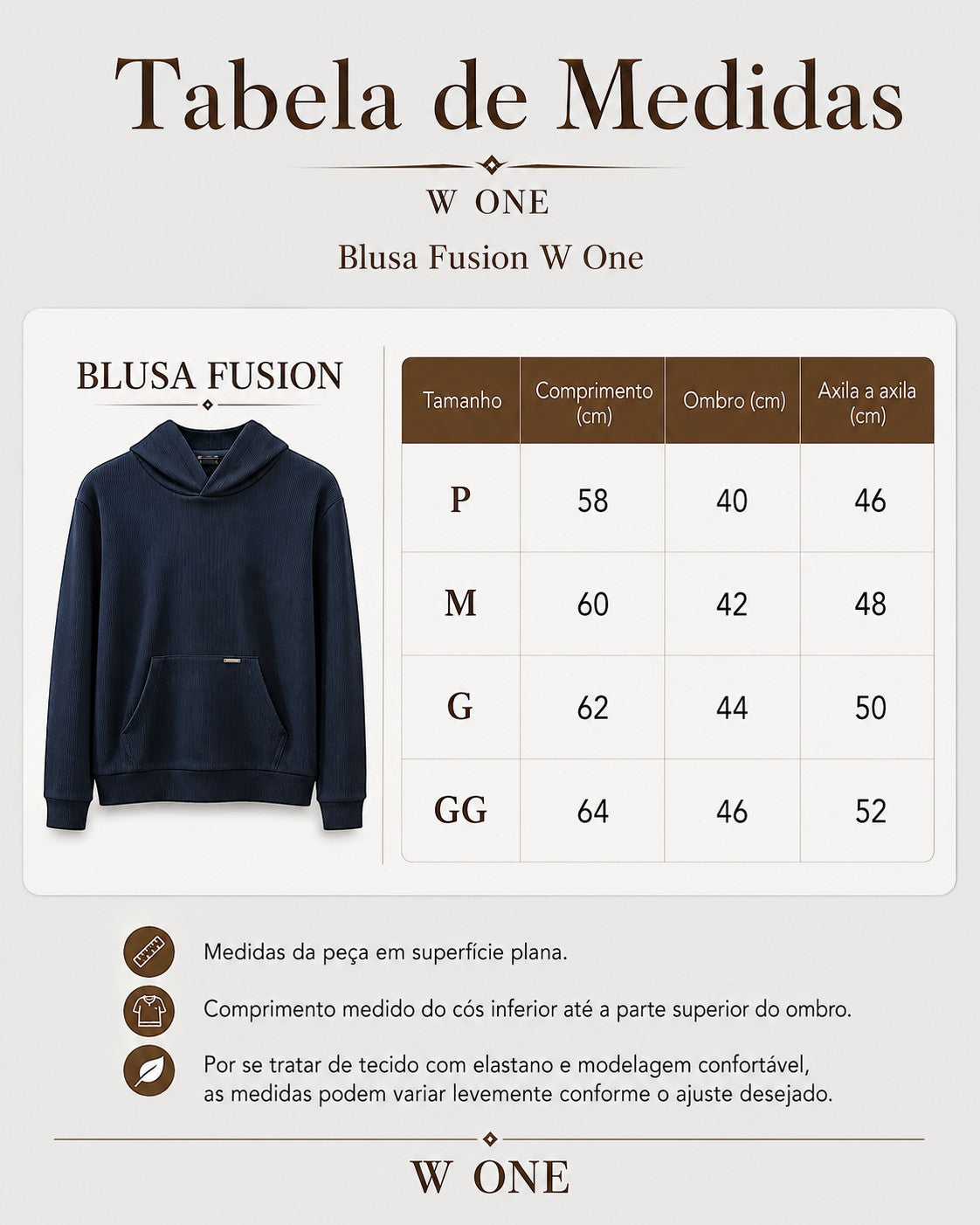 Tabela de medidas da Blusa Fusion Wine com capuz da W One Brand Store, mostrando tamanhos P ao GG em tecido canelado.