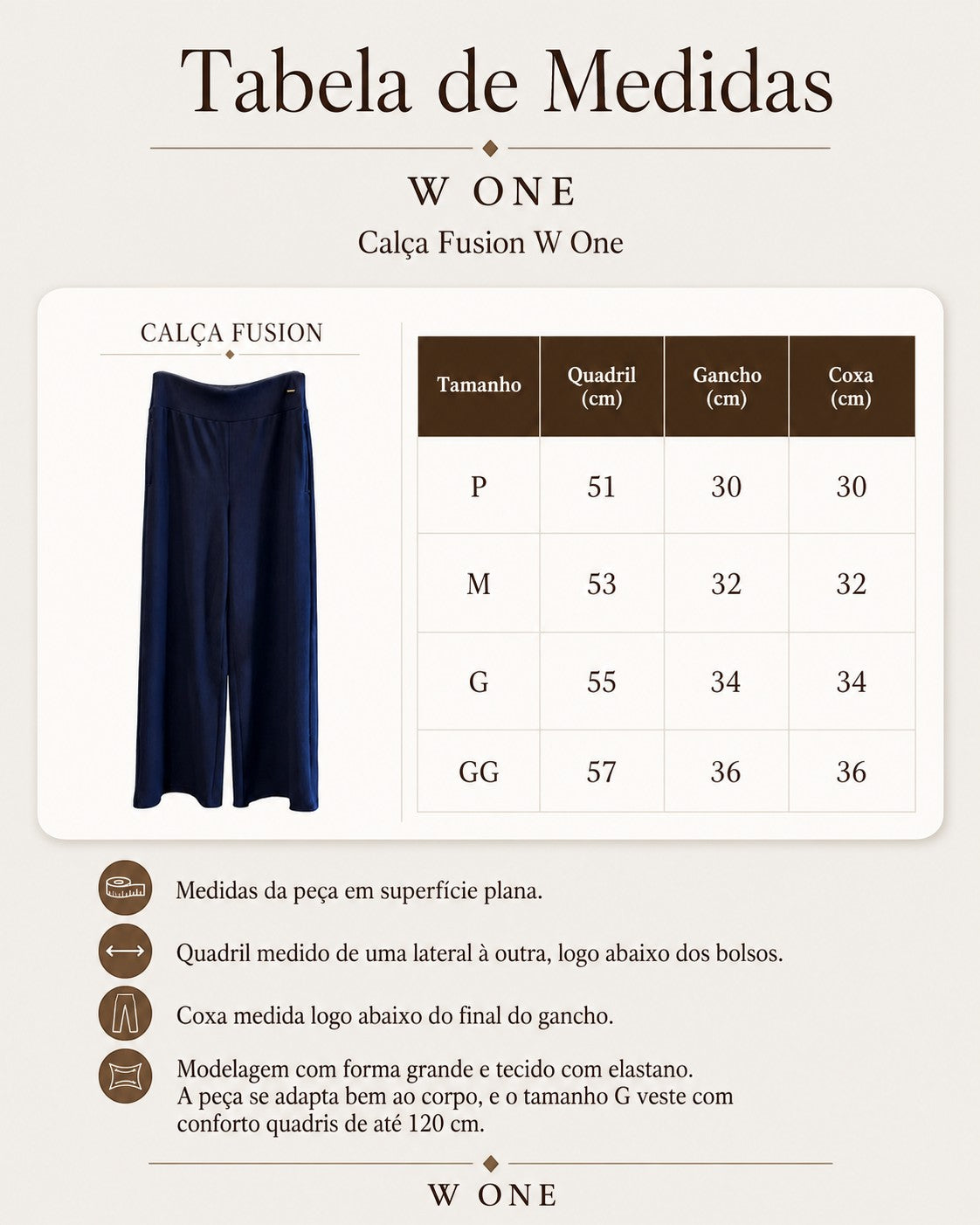 Tabela de medidas da calça pantalona canelada Fusion Wine da W One Brand Store com detalhes de tamanhos e caimento