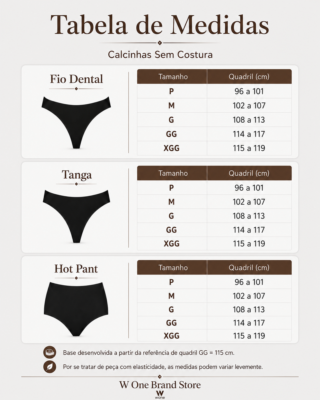 Tabela de medidas W One Brand Store para calcinhas fio dental, tanga e hot pant com tamanhos de P a XGG