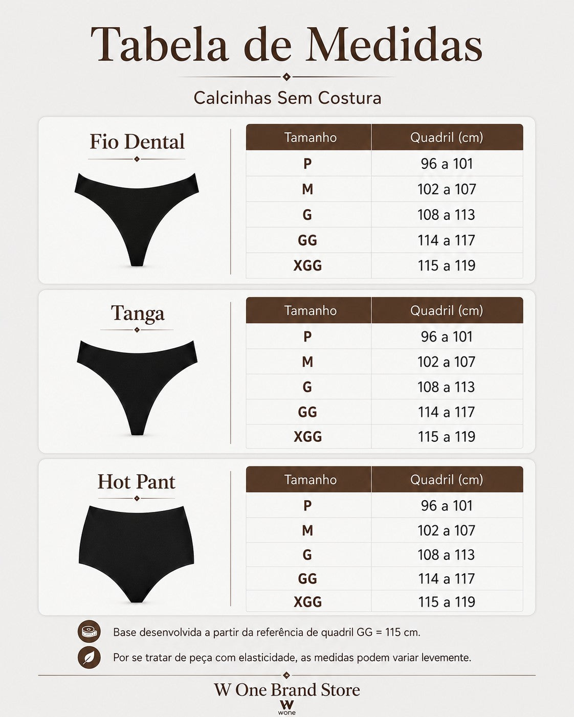 Tabela de medidas W One Brand Store para calcinhas sem costura modelos fio dental, tanga e hot pant