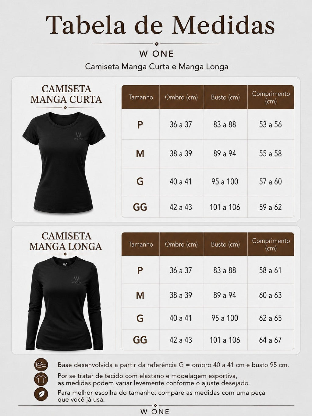 Tabela de medidas W One Brand Store para camisetas femininas de manga curta e longa com guia de tamanhos