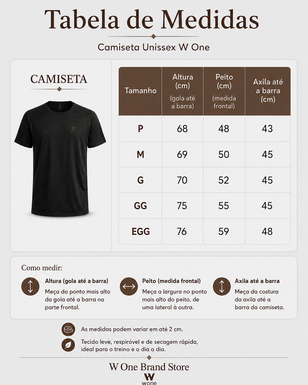 Tabela de medidas da camiseta unissex W One Brand Store com foto do produto na cor preta e guia de tamanhos