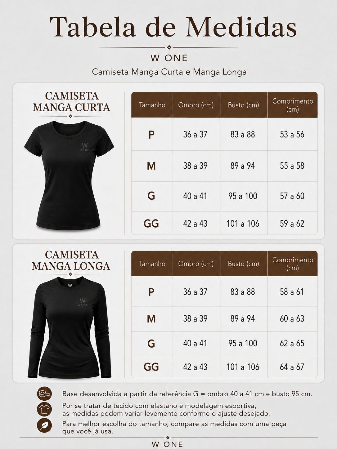 Tabela de medidas da W One Brand Store para camisetas femininas de manga curta e longa com guia de tamanhos P a GG