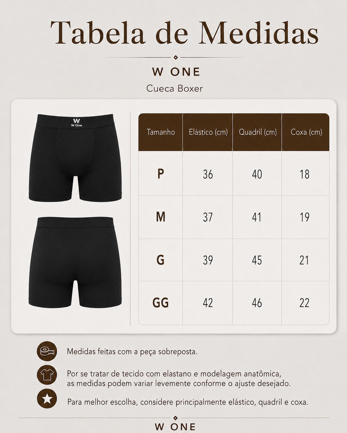 Tabela de medidas da cueca boxer W One Brand Store em algodão e elastano com visualização frontal e traseira