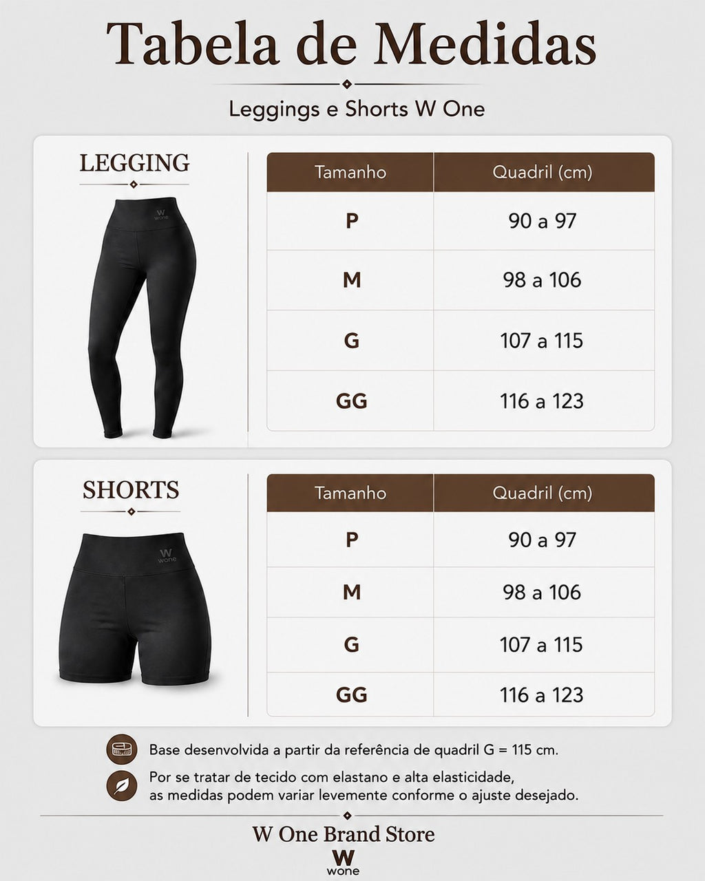 Tabela de medidas W One Brand Store para leggings e shorts fitness com indicação de tamanhos P ao GG