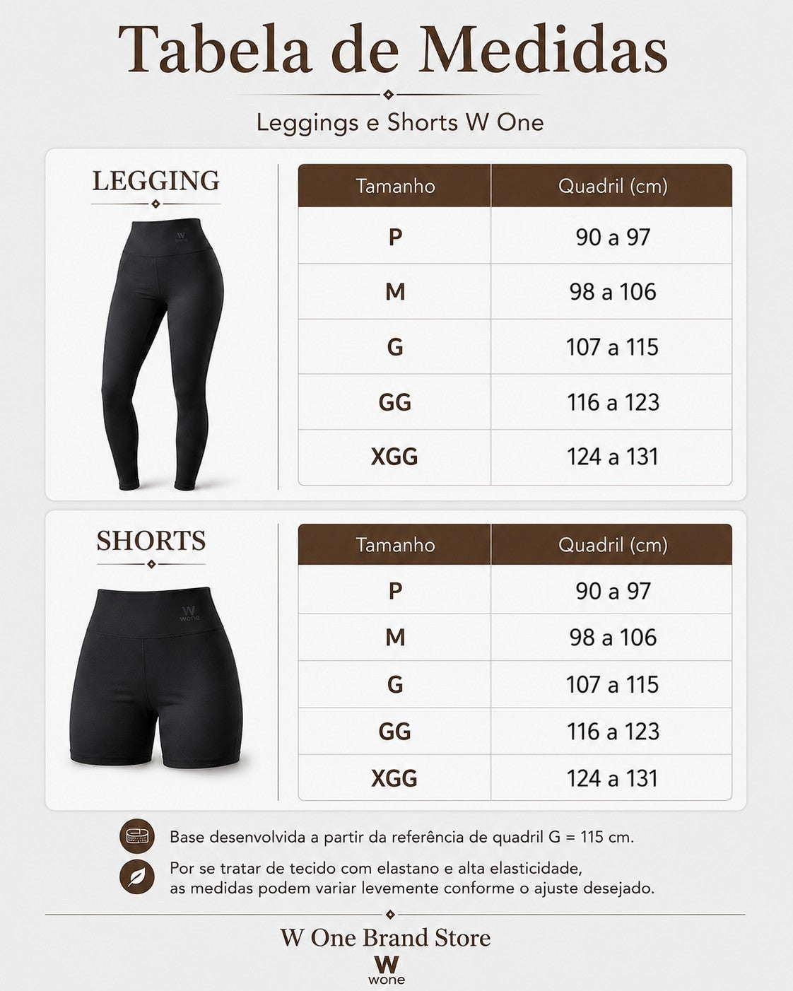 Tabela de medidas W One Brand Store para leggings e shorts com indicação de tamanhos e medidas de quadril