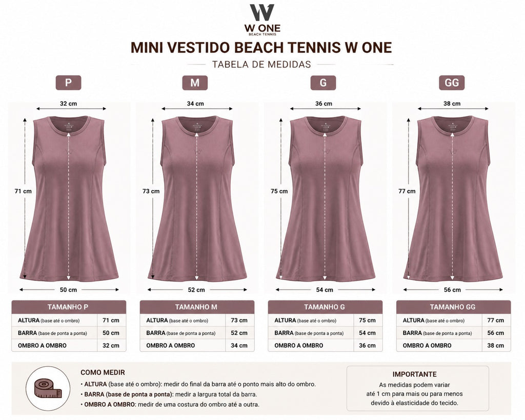 Tabela de medidas da regata Mini Veste W One Brand Store verde militar em poliamida com detalhes de tamanhos P a GG
