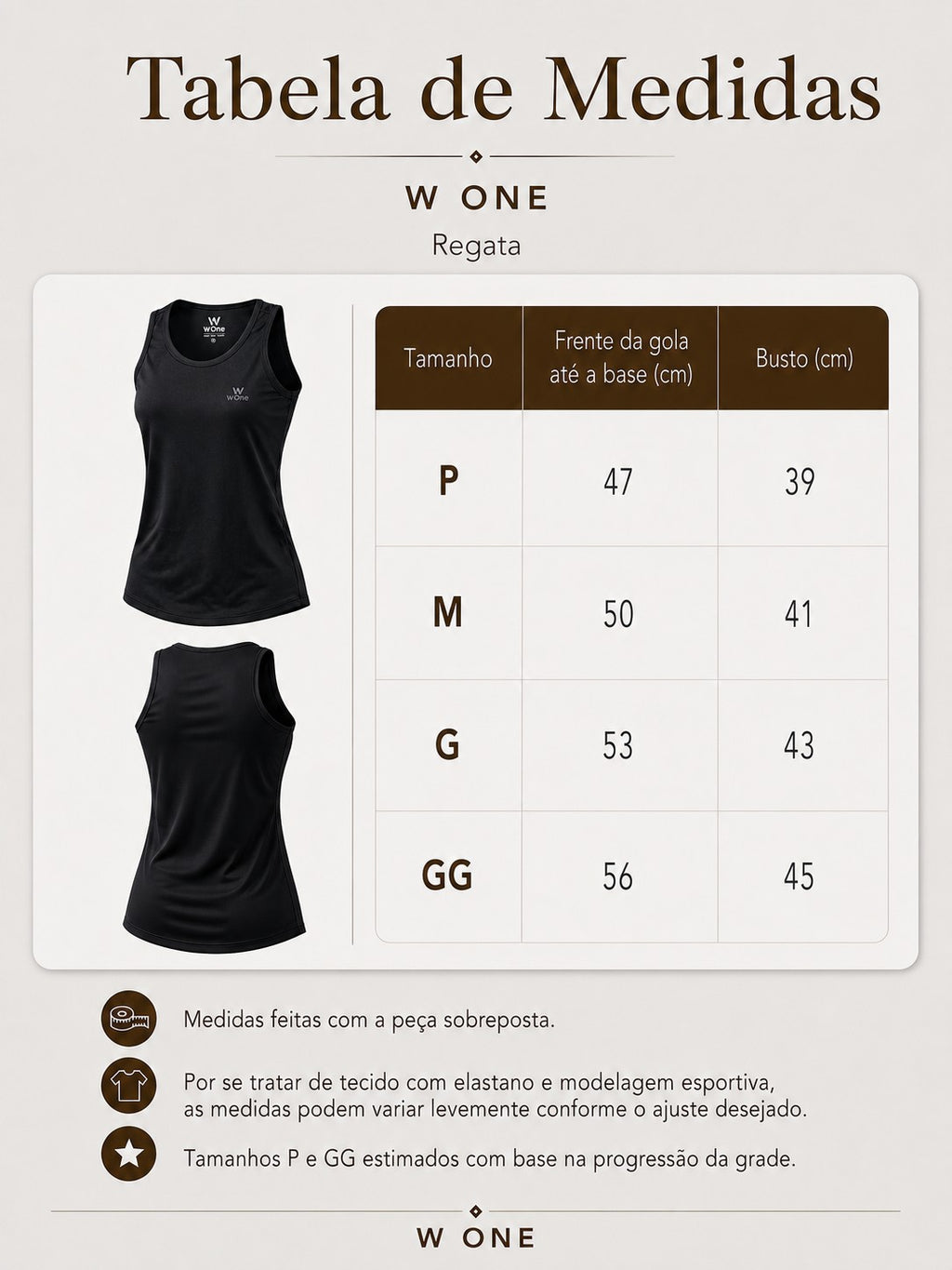 Tabela de medidas da regata feminina W One Brand Store com visualização frontal e traseira da peça esportiva preta
