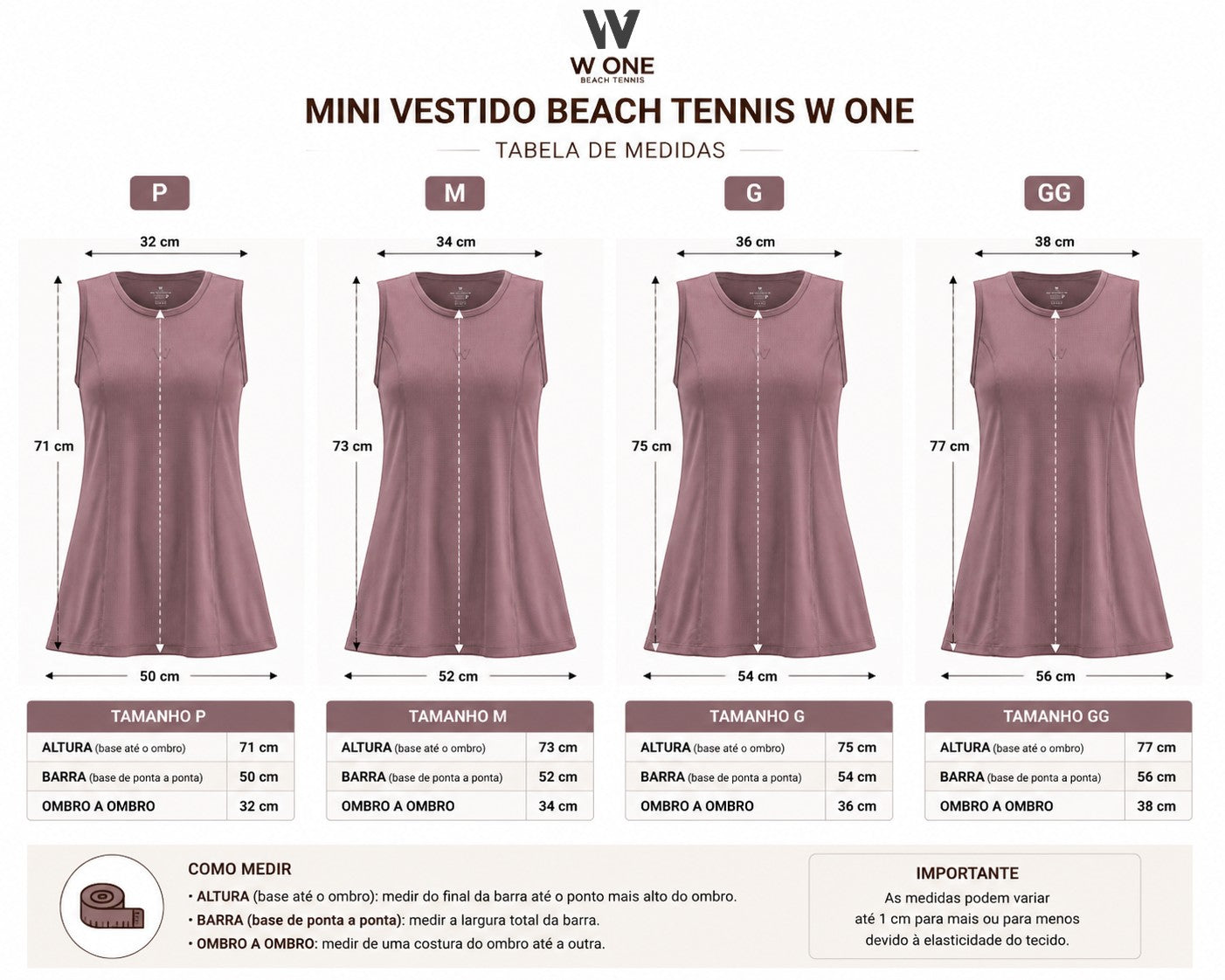 Tabela de medidas da regata W One Brand Store na cor coffee, modelo fitness em poliamida com detalhes de tamanhos.