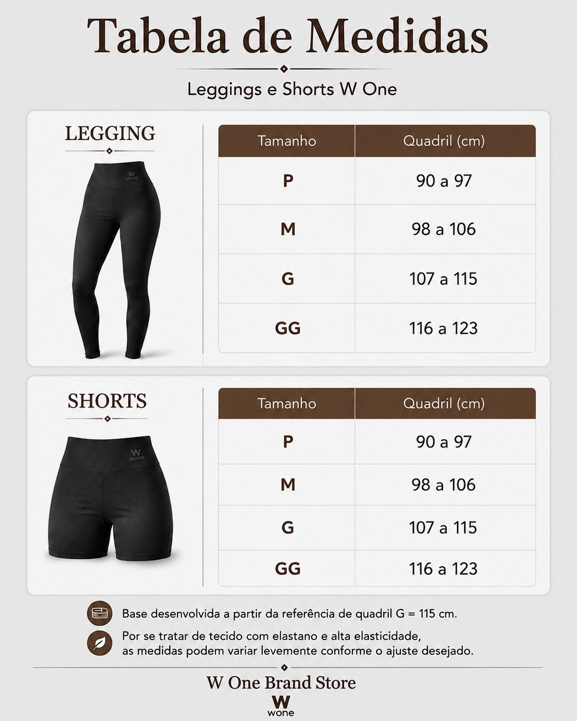 Tabela de medidas W One Brand Store para leggings e shorts fitness com indicação de tamanhos e quadril
