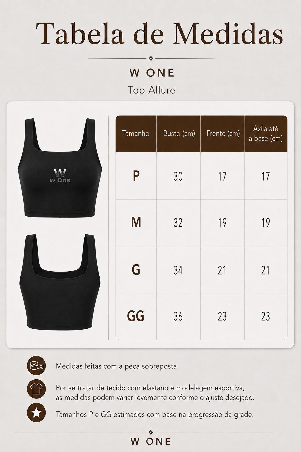 Tabela de medidas do Top Allure W One Brand Store na cor cacau com informações de tamanhos P ao GG