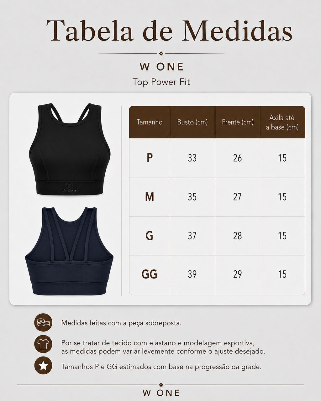 Tabela de medidas do Top Power Fit W One Brand Store, exibindo vistas frontal e traseira do top esportivo preto.