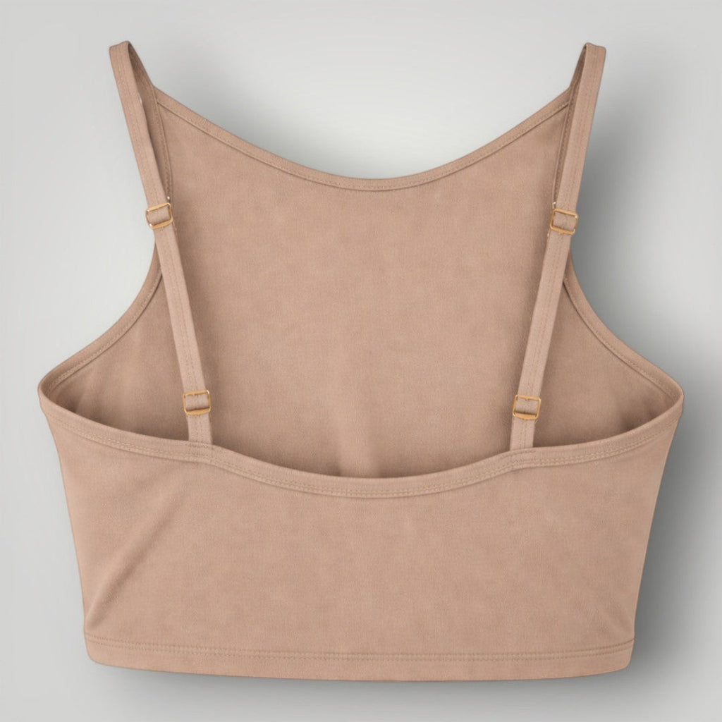 W One Brand Store tan polyamide high-neck fitness crop top with adjustable straps and back band.