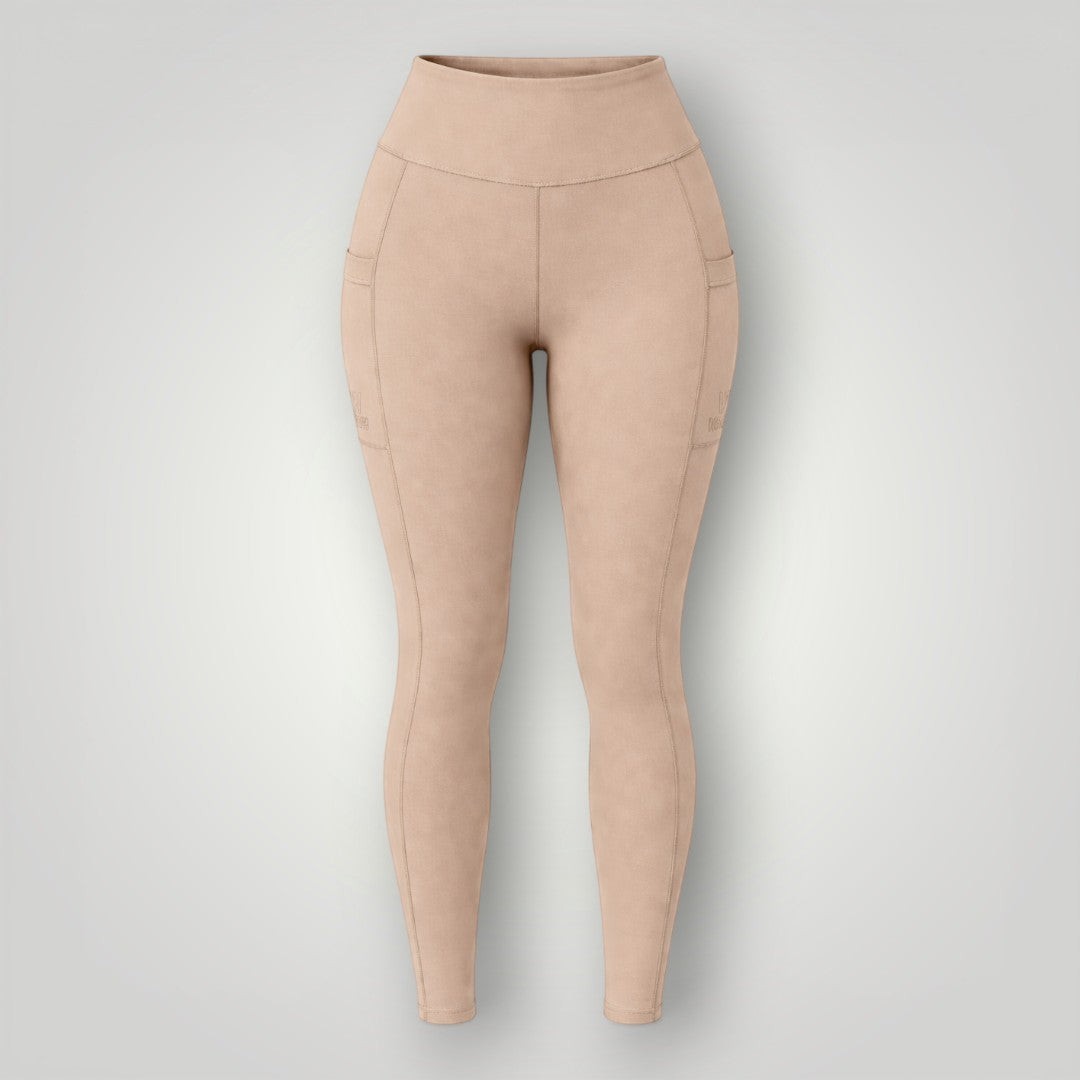 W One Brand Store tan polyamide leggings with side pockets and high waist, ideal for fitness.
