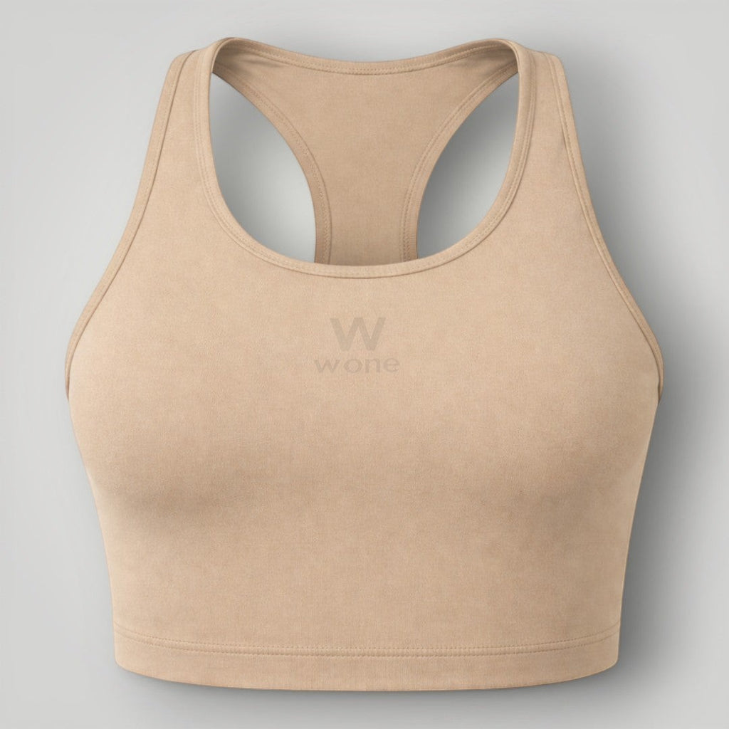 W One Brand Store tan polyamide racerback fitness top with subtle logo detail.
