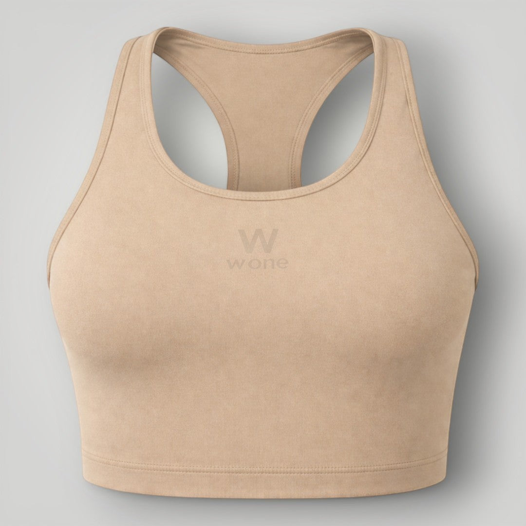 W One Brand Store tan polyamide racerback fitness top with subtle logo detail.