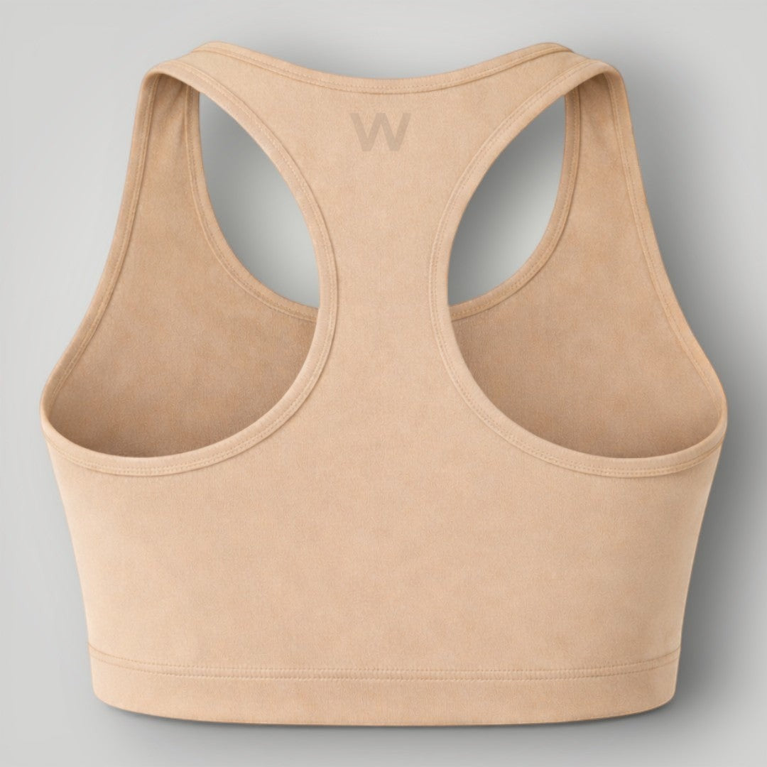 W One Brand Store tan polyamide racerback fitness top with subtle 'W' logo on back. Ideal for workouts.