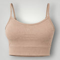 W One Brand Store tan polyamide sports bra with adjustable straps and reinforced structure, featuring a subtle 'W' logo.