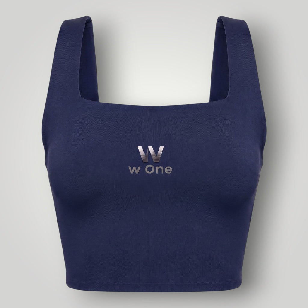 Top fitness W One Brand Store Allure azul marinho com decote quadrado e logo frontal prateado para alta sustentação.