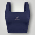 Top fitness W One Brand Store Allure azul marinho com decote quadrado e logo frontal prateado para alta sustentação.