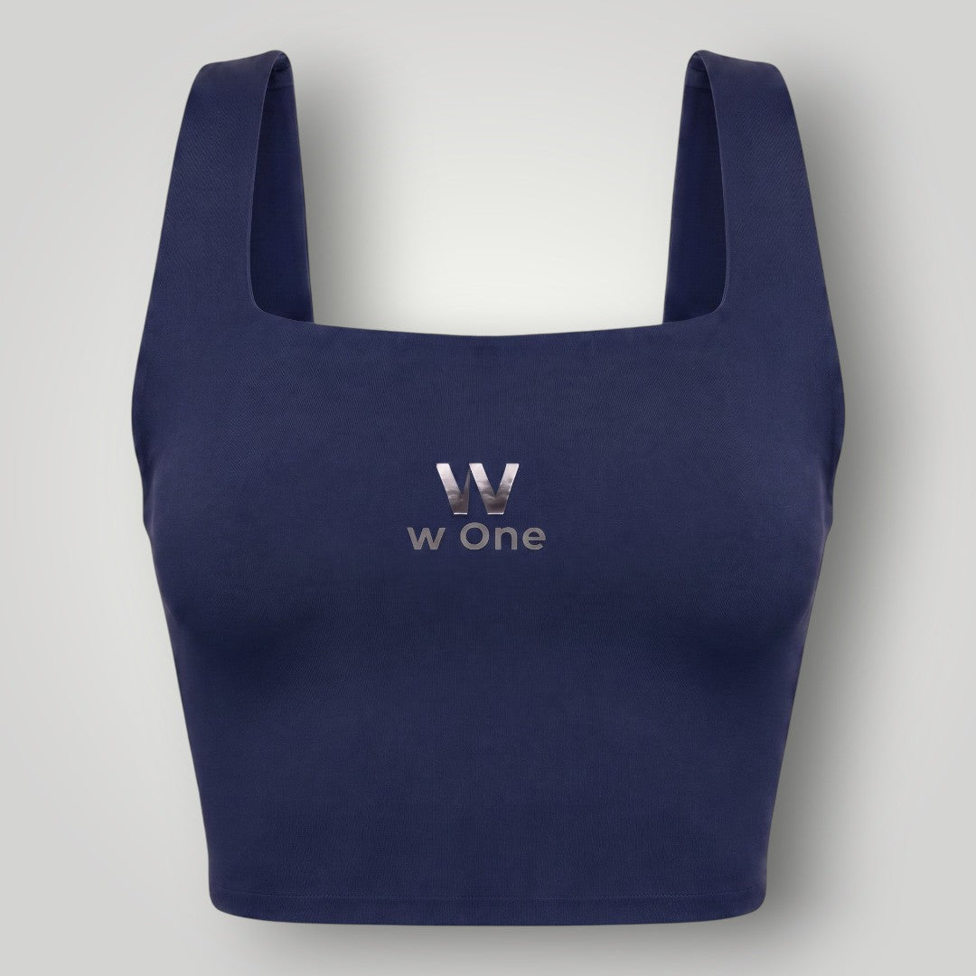 Top fitness W One Brand Store Allure azul marinho com decote quadrado e logo frontal prateado para alta sustentação.