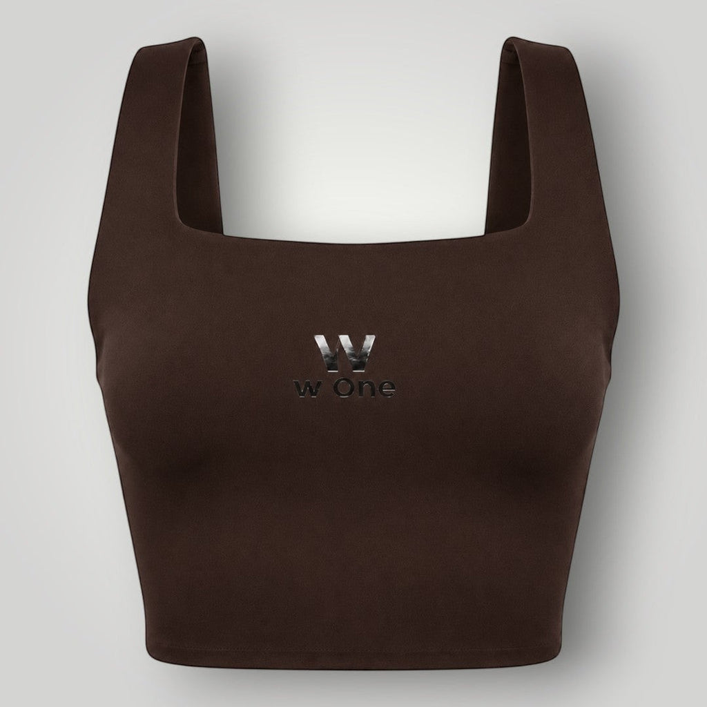 Top fitness W One Brand Store Allure na cor café com decote quadrado e média a alta sustentação em tecido respirável