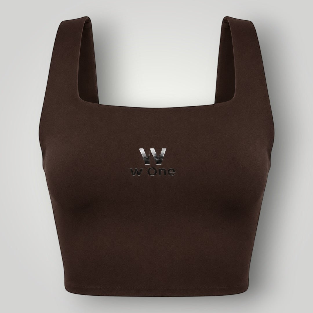 Top fitness W One Brand Store Allure na cor café com decote quadrado e média a alta sustentação em tecido respirável