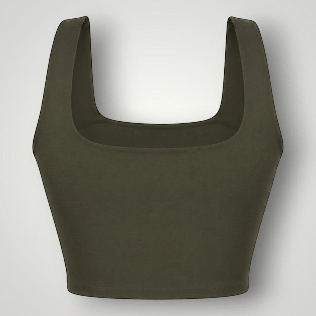 Top fitness W One Brand Store Allure verde militar com decote quadrado e média sustentação em tecido tecnológico