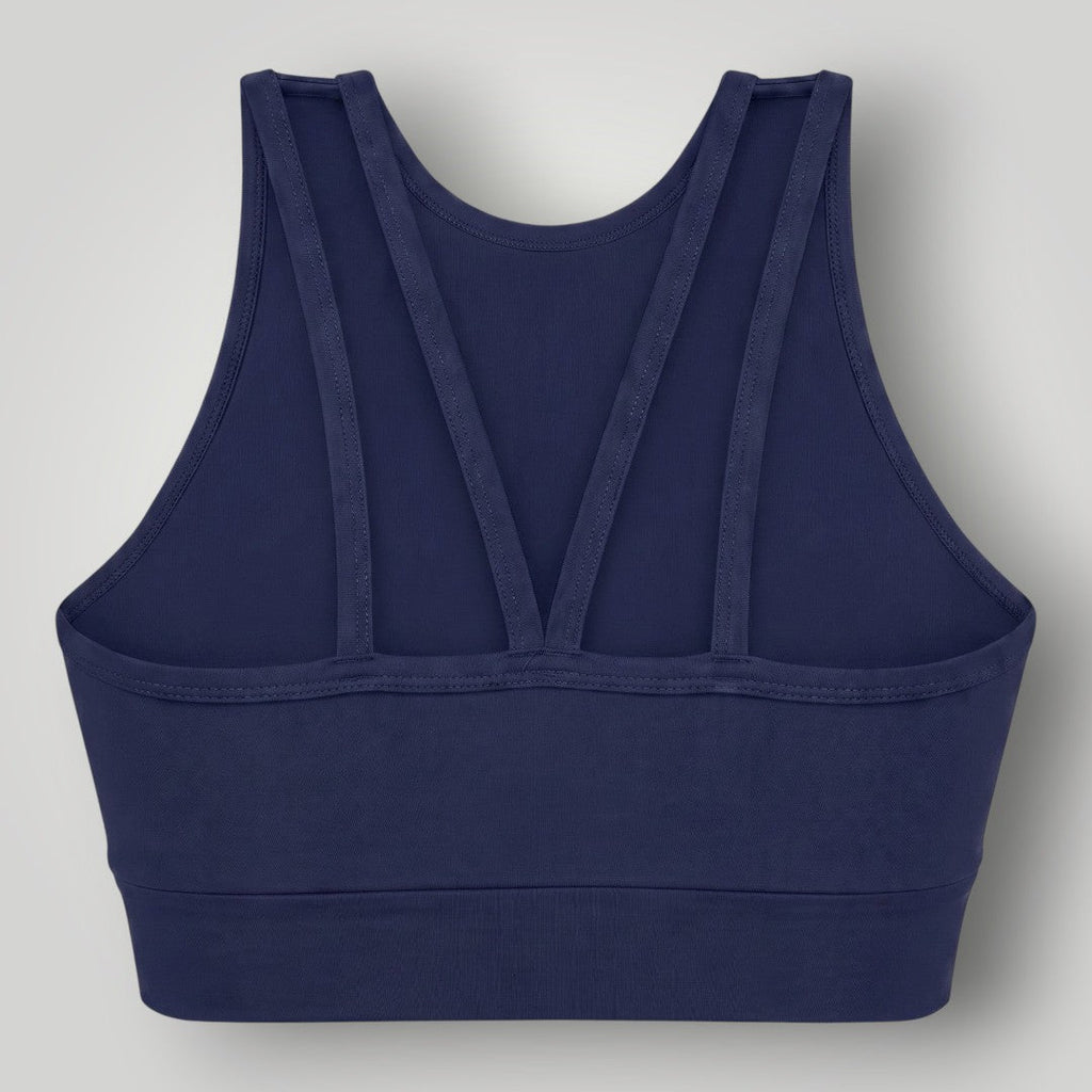 Top esportivo W One Brand Store azul marinho com alta sustentação e tiras duplas nas costas para maior estabilidade.