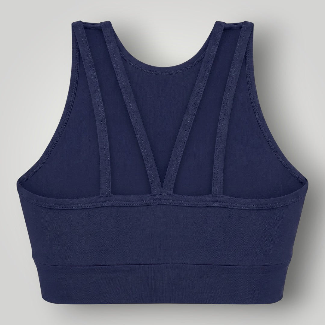 Top esportivo W One Brand Store azul marinho com alta sustentação e tiras duplas nas costas para maior estabilidade.