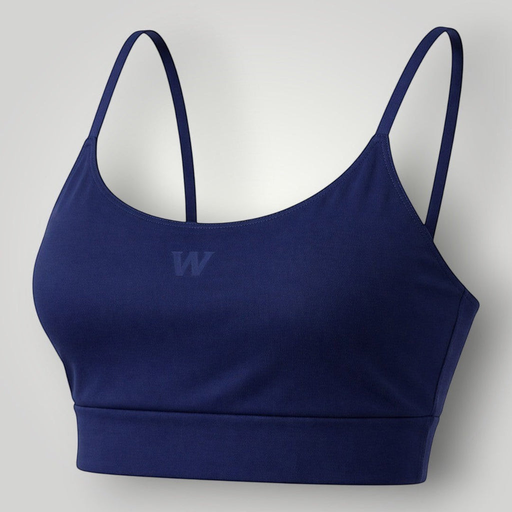 Top esportivo W One Brand Store azul marinho com alças fixas, média sustentação e tecido respirável de poliamida.