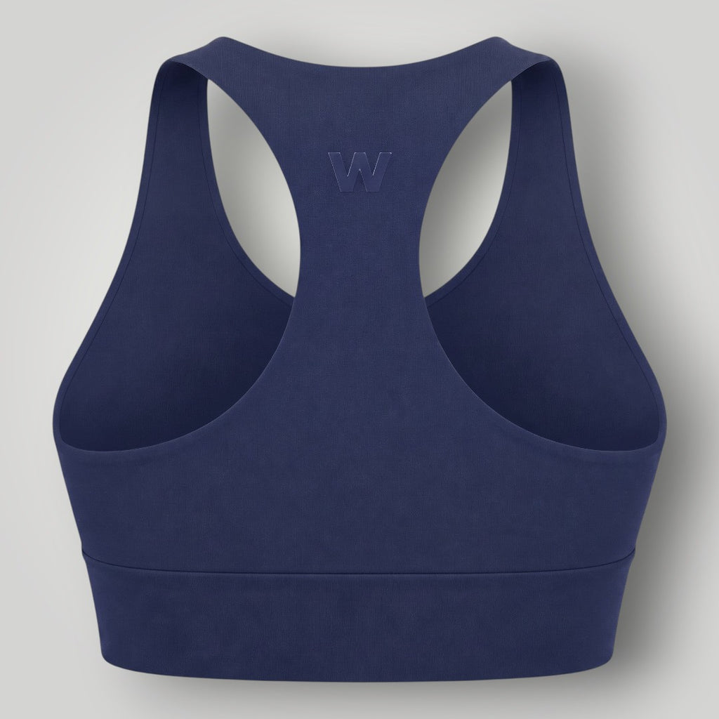 Top esportivo W One Brand Store Essence 2 azul marinho com modelagem nadador e alta sustentação para treinos