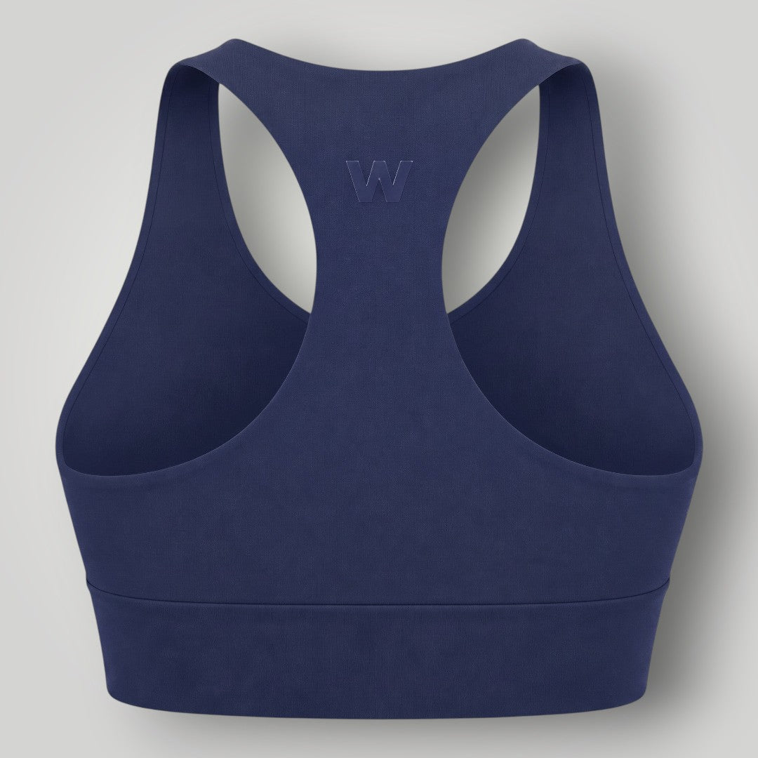 Top esportivo W One Brand Store Essence 2 azul marinho com modelagem nadador e alta sustentação para treinos