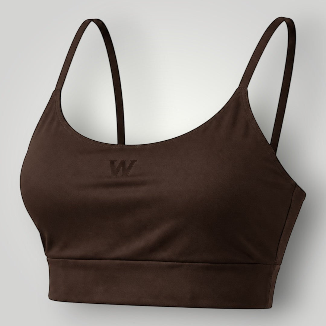 Top esportivo W One Brand Store marrom café com alças fixas e média sustentação em tecido respirável