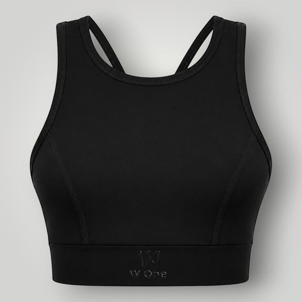 Top esportivo W One Brand Store preto de alta sustentação com tecido respirável e ajuste firme para treinos intensos.
