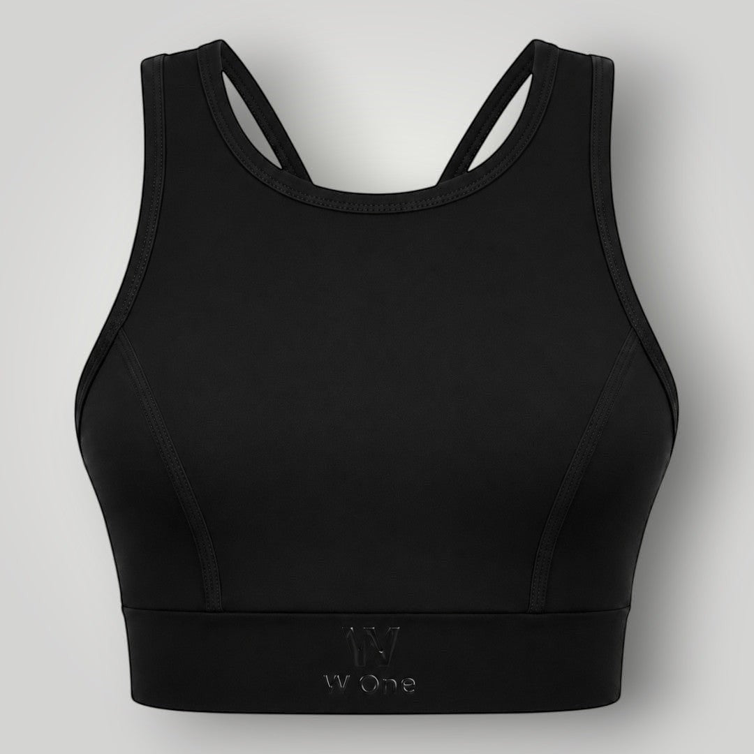 Top esportivo W One Brand Store preto de alta sustentação com tecido respirável e ajuste firme para treinos intensos.