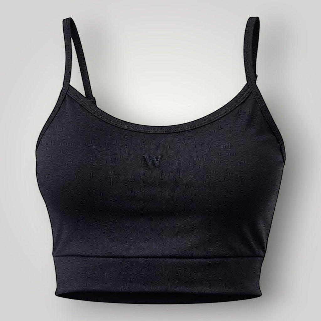 Top esportivo preto W One Brand Store com alças reguláveis, média sustentação e tecido respirável de poliamida.