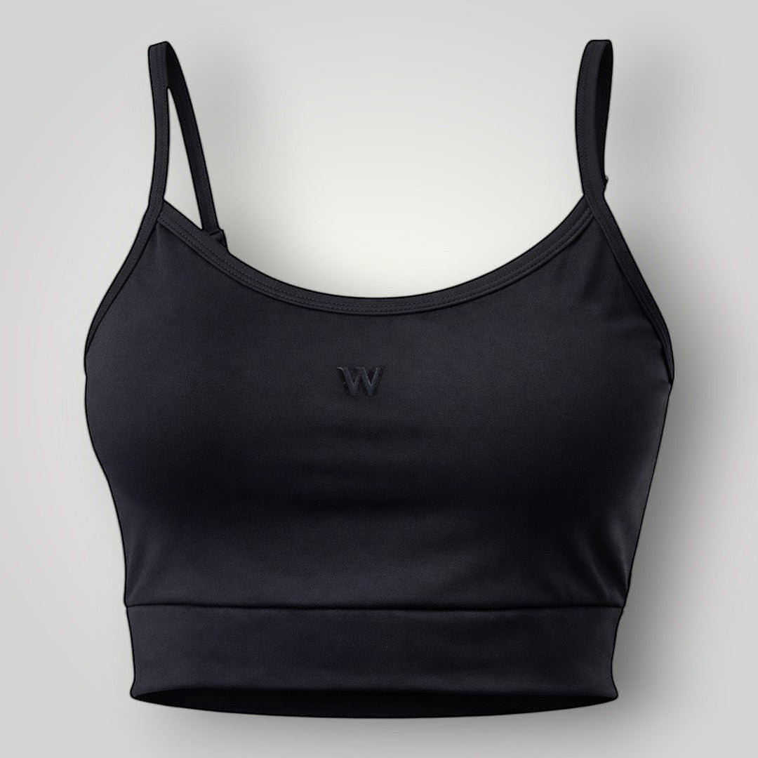 Top esportivo preto W One Brand Store com alças reguláveis, média sustentação e tecido respirável de poliamida.