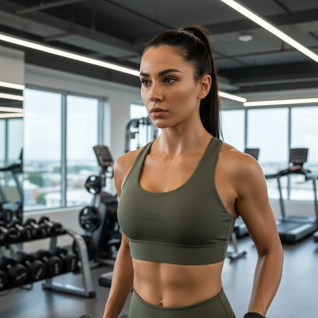 Mulher atlética usando top esportivo W One Brand Store verde militar com modelagem nadador em academia