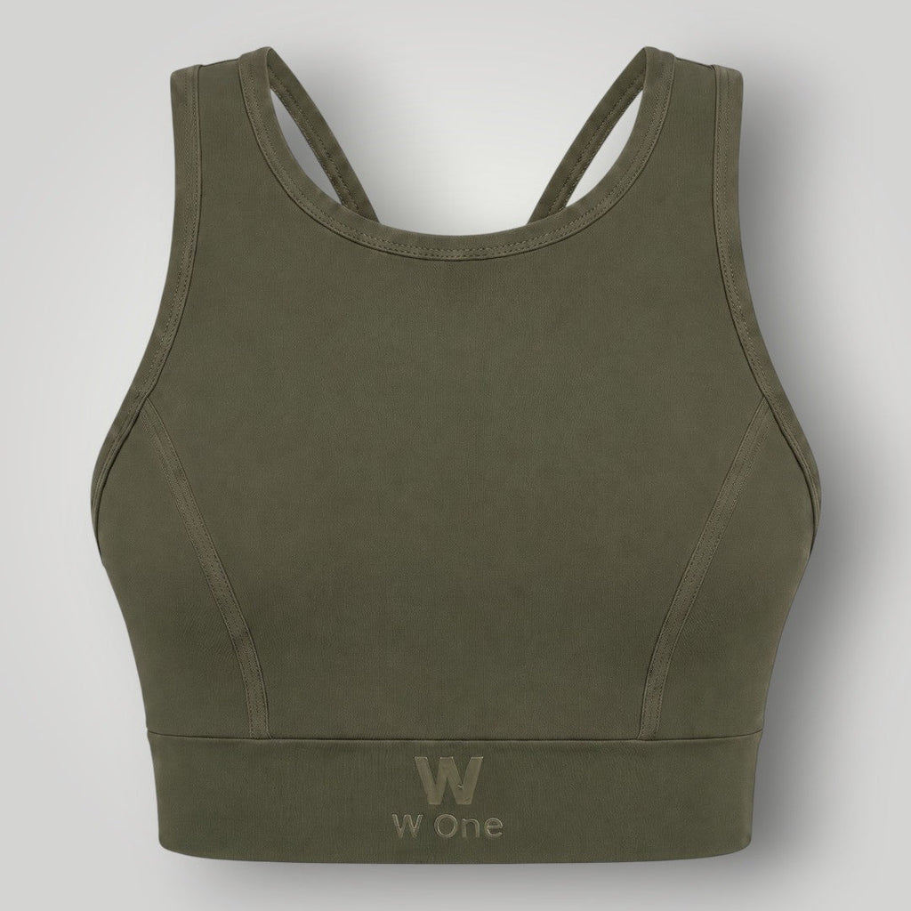 Top esportivo W One Brand Store verde militar de alta sustentação com tecido respirável e ajuste firme ao corpo