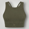 Top esportivo W One Brand Store verde militar de alta sustentação com tecido respirável e ajuste firme ao corpo