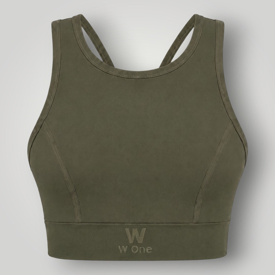 Top esportivo W One Brand Store verde militar de alta sustentação com tecido respirável e ajuste firme ao corpo