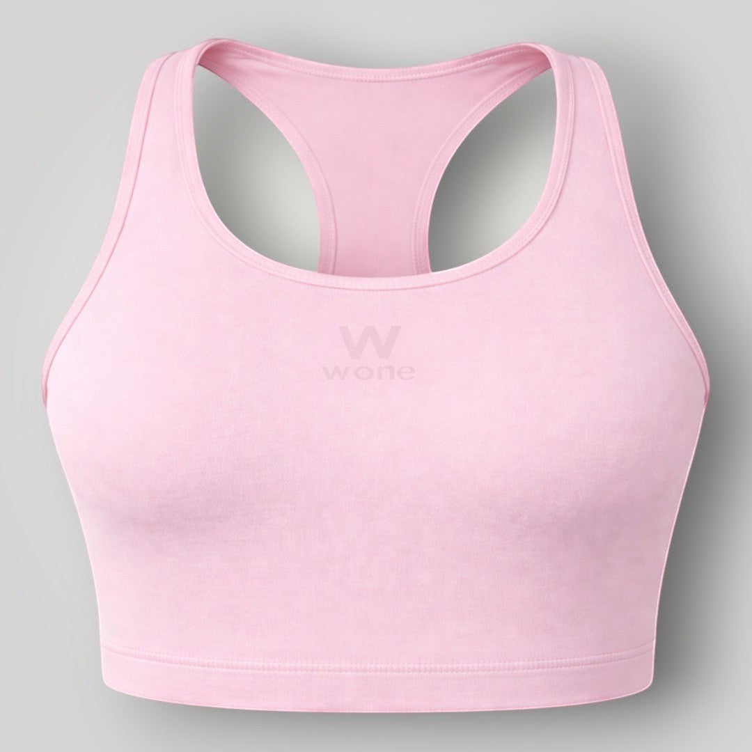 Top W One Brand Store Essence rosa balé com modelagem nadador, média sustentação e tecido respirável de alta qualidade.